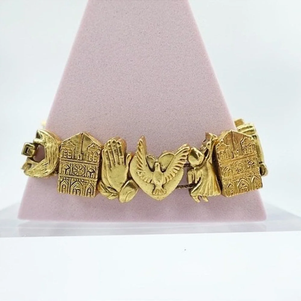 VTG Gold‎ Tone Religious Bracelet Praying Hands Angel Dove Panel Ornate 7